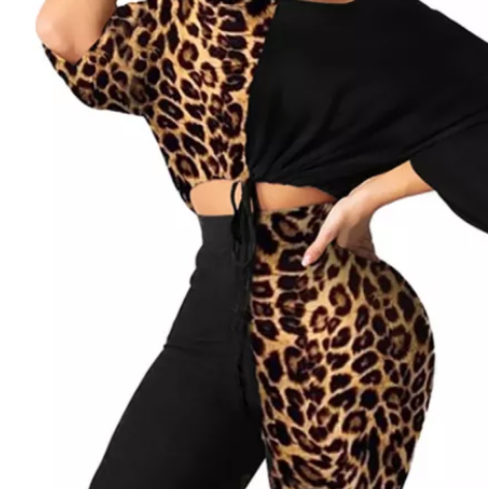 Half and half cheetah Print Two Piece Outfit Set